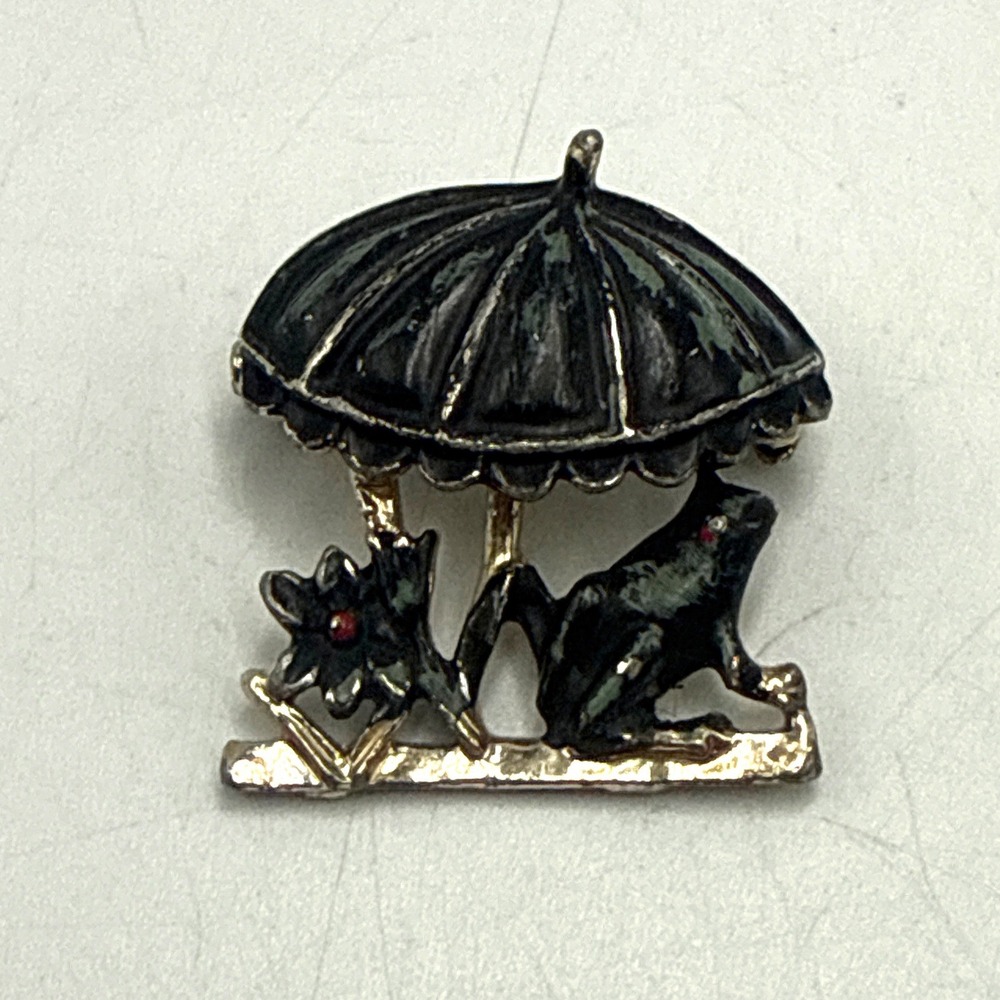 Vintage Frog Under‎ Umbrella Brooch Silver Tone Black Enamel Animal Pin